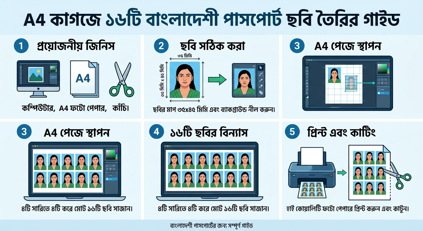 বাংলাদেশের Passport Size Photo: A4 Paper-এ ১৬টি ছবি তৈরির সম্পূর্ণ গাইড